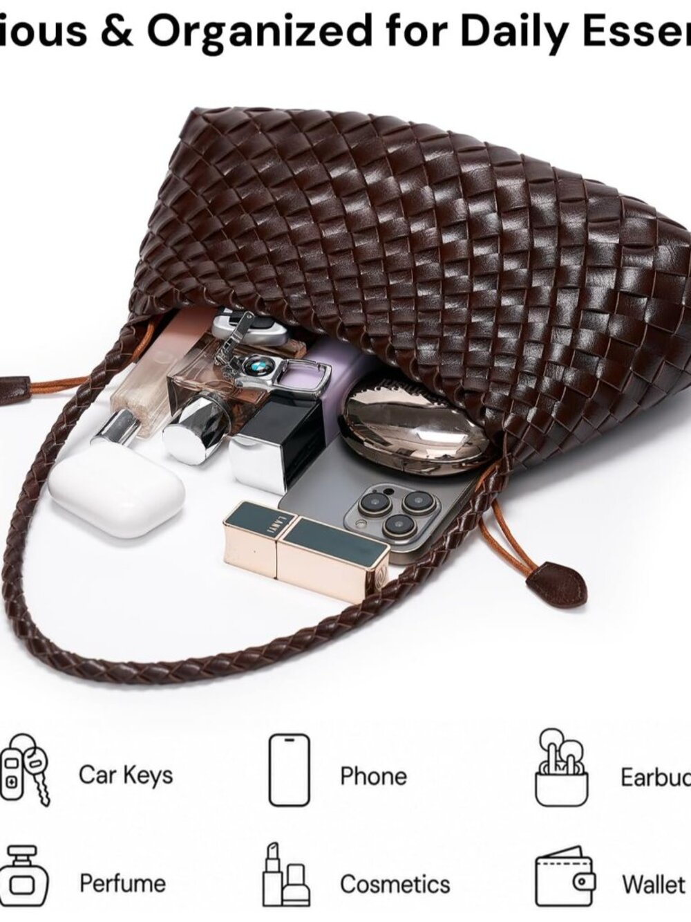 Small Woven Purse for Women Vegan Leather Underarm Shoulder Hobo Handbag | Secur - Picture 5 of 7